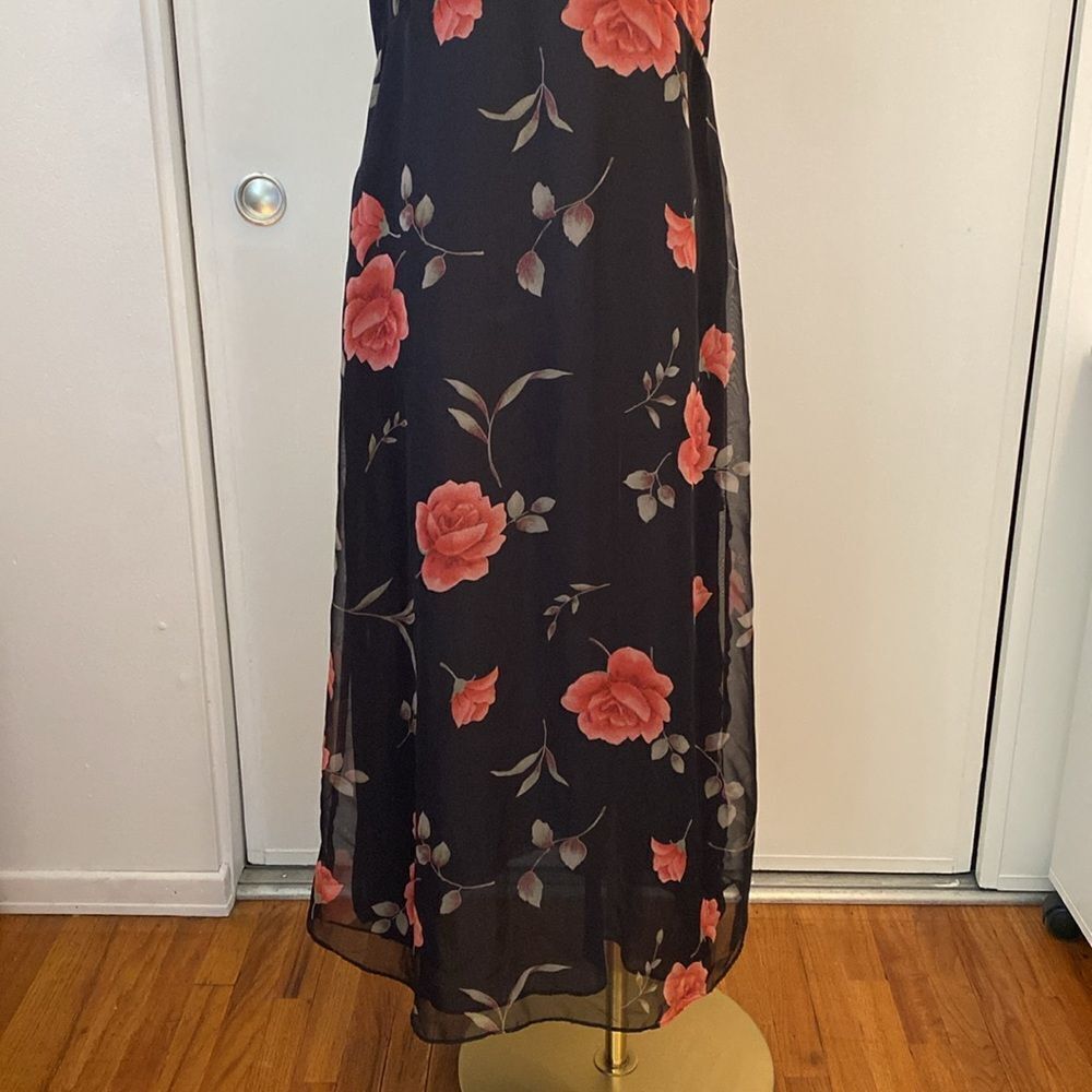 Vintage 90's Kathie Lee Black Rose Print Midi Dress Size 8 - Picture 4 of 12